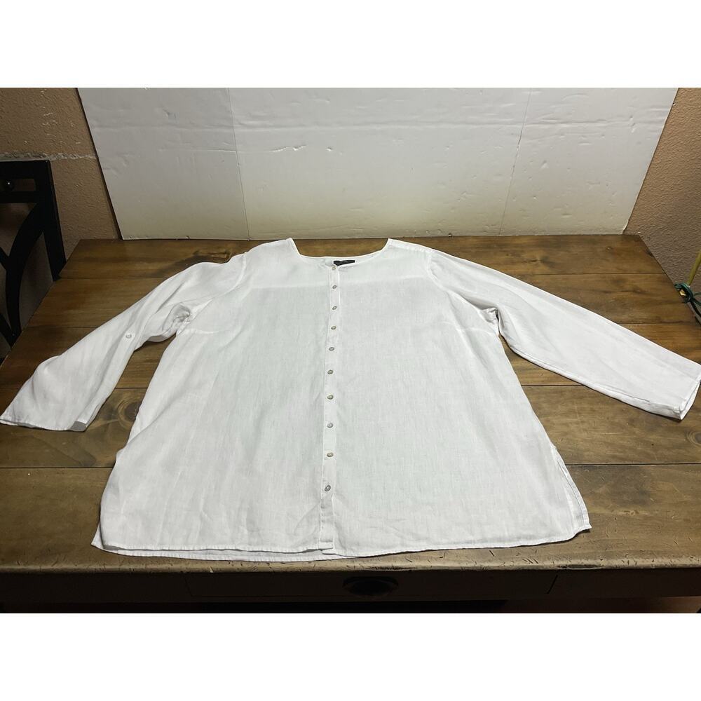 Tahari 100% Linen Button Front Tunic Size 2X Long Sleeve Roll Tab Solid White